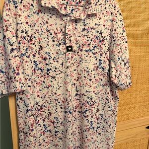 Bad Birdie White Polo with Blue & Pink Splatter Large